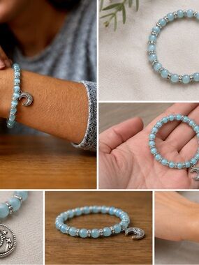 Silver Moon Charm Blue Beaded Stretch Bracelet - Women Jewelry